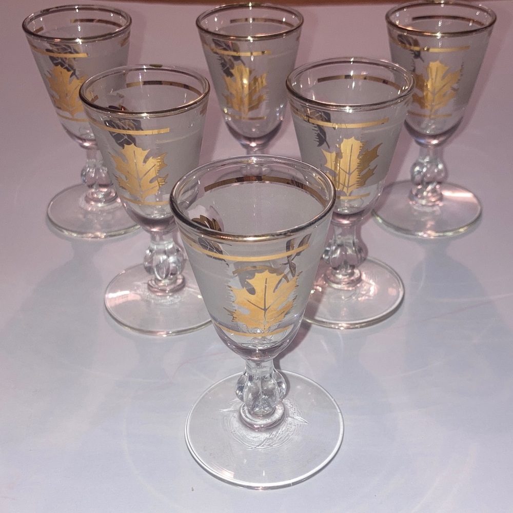 Vintage Libbey’s Frosted Gold Plated Leaf Stemmed Shot Glasses Bundle of 6